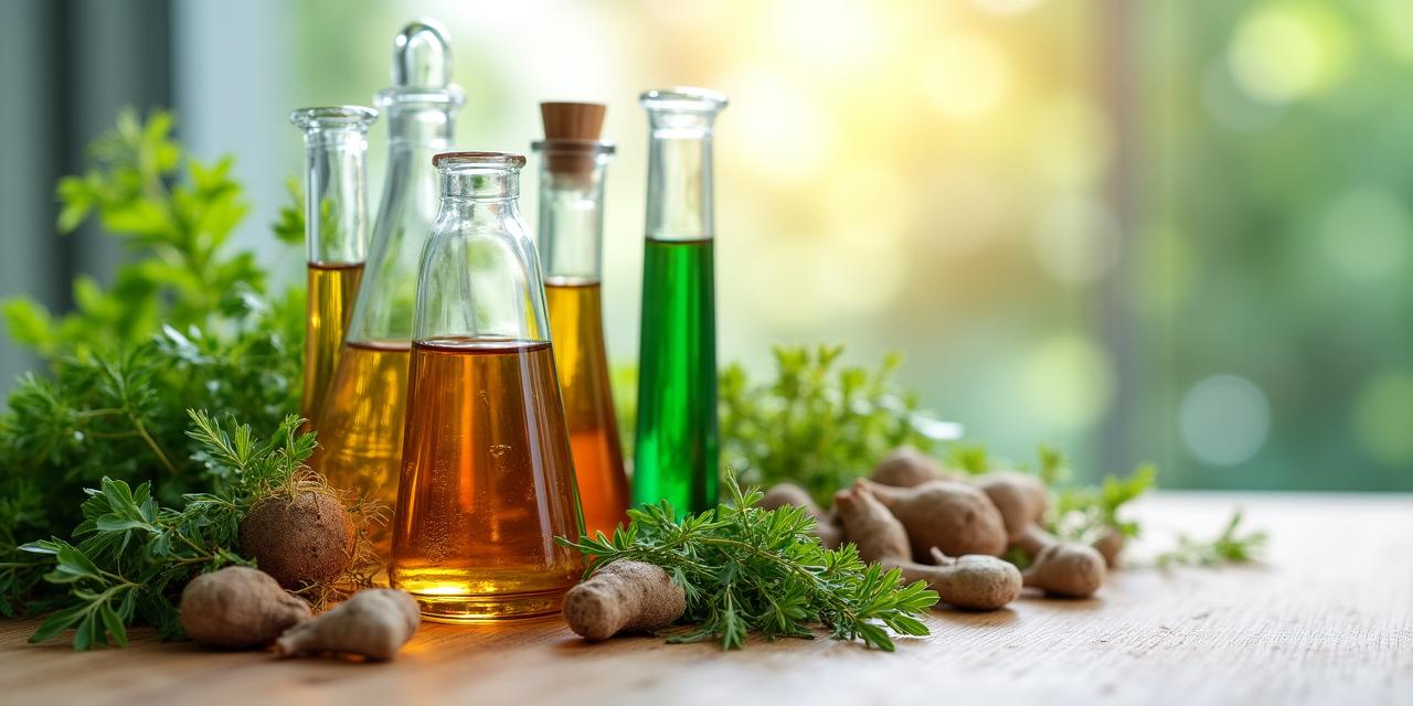 Colección de plantas medicinales y extractos en un entorno de laboratorio moderno